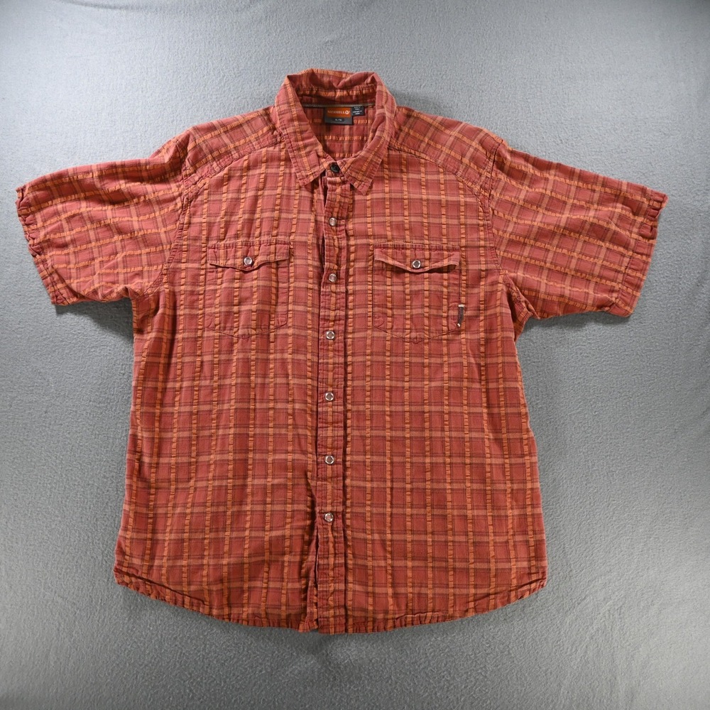 Merrell Mens Plaid Short Sleeve Snap Button Down Shirt XL Orange Red